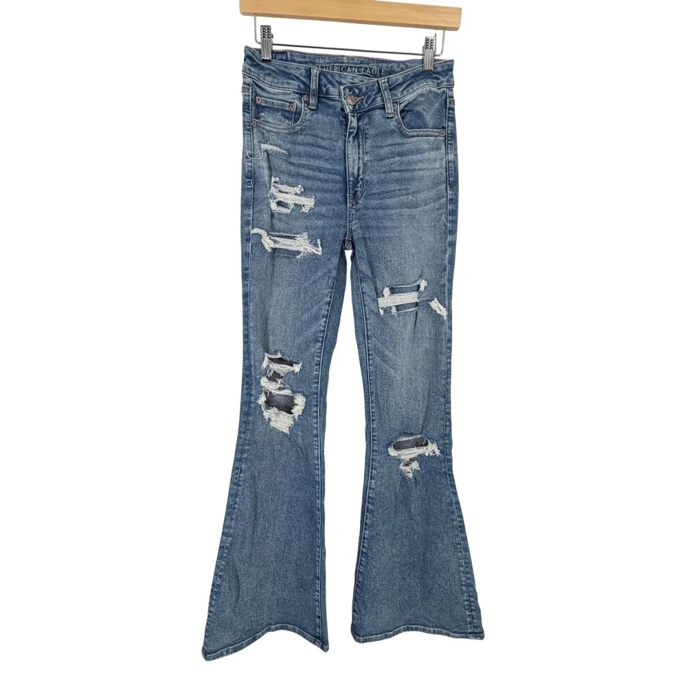American Eagle‎ Women 6 Long Tall Blue Distressed Flare Jeans Next Level Stretch